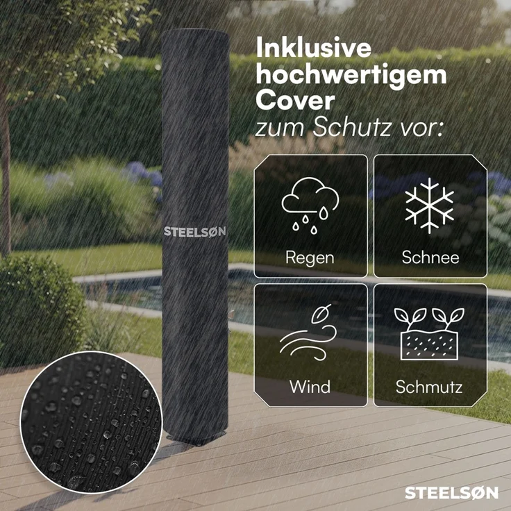 STEELSØN 'Xypher' Solardusche 60L, hexagon, schwarz, warmes Wasser bis 60°C, schwankender Regenduschkopf und Wasserhahn, Gartendusche inkl. Schutzhaube – Bild 6