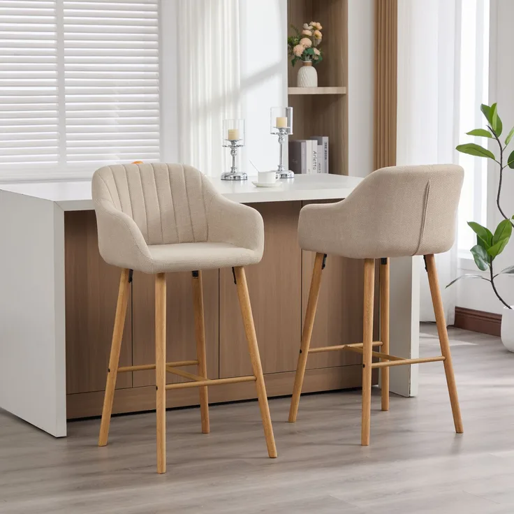 LVHOM Barhocker 2er Set, Barstühle mit Rückenlehnen und Armlehnen, Tresenhocker mit Holzbeinen, Tresenstuhl Stoff, Beige