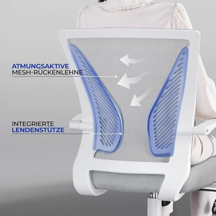 Yaheetech Bürostuhl Ergonomisch, Schreibtischstuhl mit Netzbespannung, Arbeitsstuhl mit Armlehnen, Chefsessel aus Mesh, höhenverstellbarer Computerstuhl 136 kg, atmungsaktiv, Wippfunktion Hellgrau – Bild 6