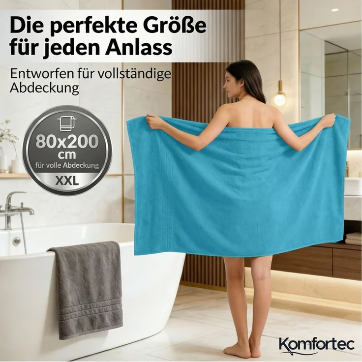Komfortec 2er Saunatuch Set 80x200 cm aus 100% Baumwolle, XXL-Saunatücher, Sauna Handtuch, Weich, Groß, Frottee, Schnelltrocknend, Anthrazit Grau/Türkis – Bild 1
