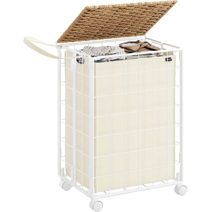 Songmics Wäschekorb 90 L, Wäschesammler mit Rollen, Wäschesack herausnehmbar, 1 Innensack, Wäschewagen mit Deckel, 46 x 33 x 65 cm, für Waschküche, naturbeige-cremeweiß