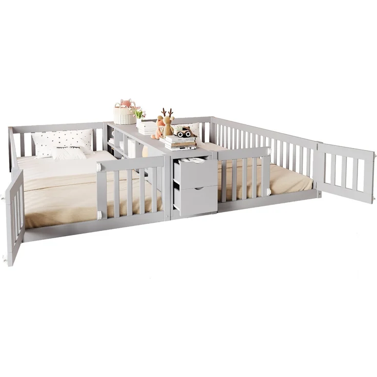 EINHOM Holzbett 90 x 200 cm, mit Schublade und Doppelstöckigem Regal, Kinder-Doppelbettgestell mit Sicherheitsgitter, Hohe Gitter, Holz, Grau, (Ohne Matratze) – Bild 4