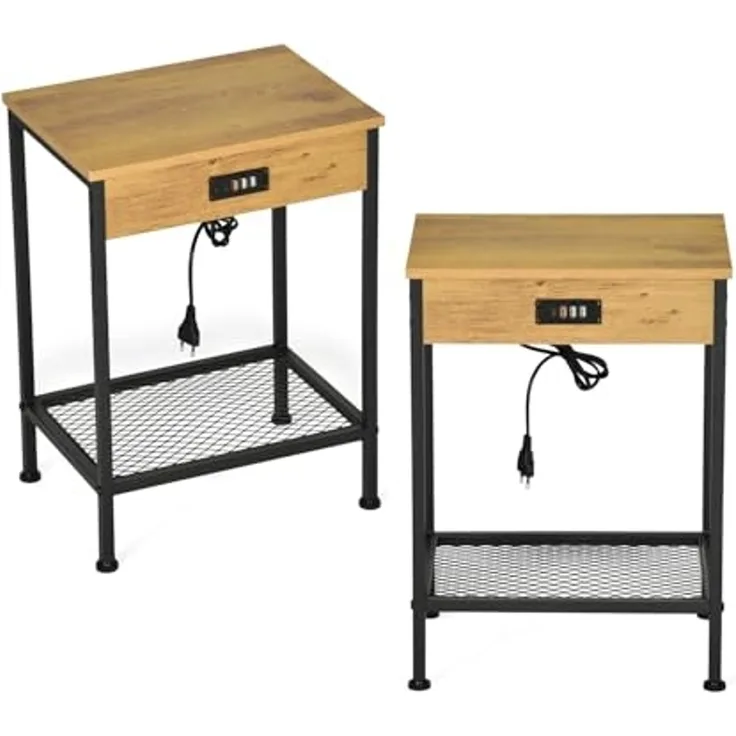 MEUBLE COSY Nachttisch 2er Set mit Ladestation Beistelltische 4 USB-Anschlüssen Couchtisch Klein Sofatisch mit Ablageboden für Wohnzimmer Schlafzimmer, Industrie, Metallgestell, Hellbraun, 38 x 28 x 52 cm