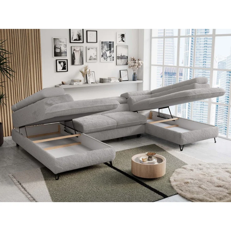 Ecksofa U-Form, mit Bettkasten, Bettfunktion und Einstellbare Kopfstützen, Sofa big XXL - PETER U - Hellgrau Plüsch – Bild 3