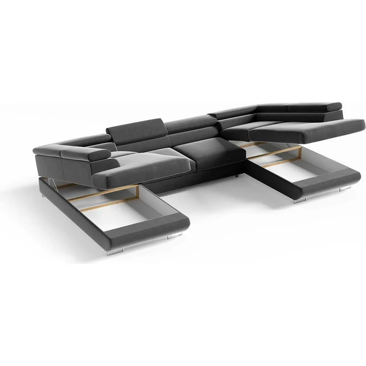 Ecksofa in U-Form PORTO, U-förmige Eckcouch mit Schlaffunktion, ausziehbares Sofa, 2 Bettzeugbehälter, verstellbare Kopfstützen, (Monolith 09), 72x201 cm – Bild 5