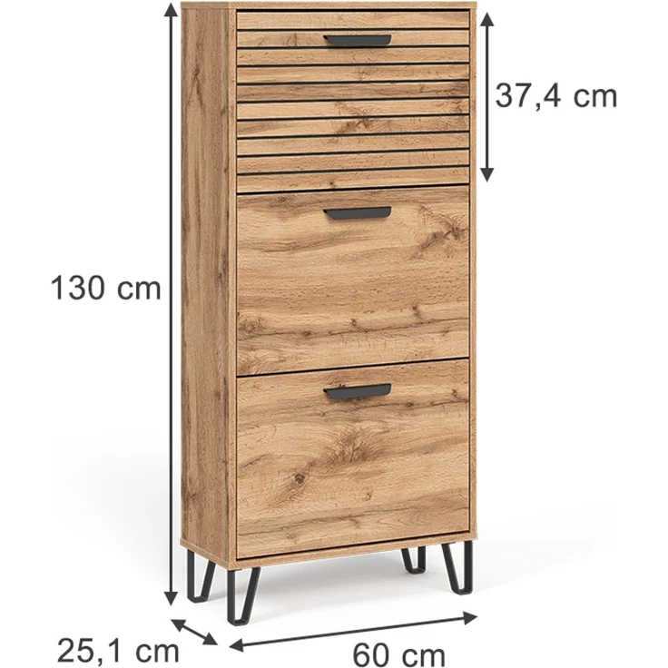 Schuhkipper Amber Eiche Wotan 62 x 130 cm mit 3 Fächern Vicco – Bild 2