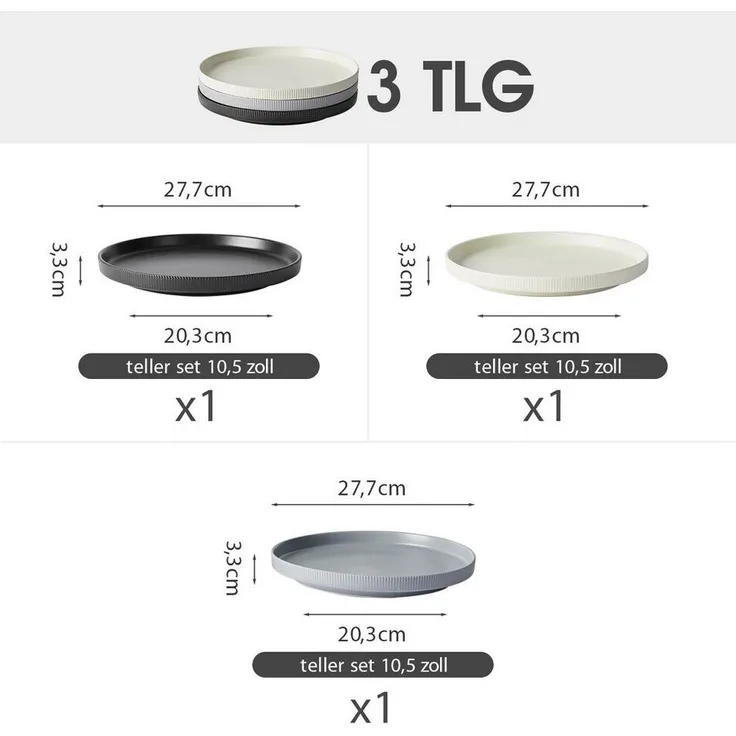 JIWOO Teller 4er Ø27,7cm, Speiseteller Steakteller Dessertteller Brotteller Plate, (3 St), Keramik Hochwertiges Tellerset Bunt Mikrowellen spülmaschinenfest