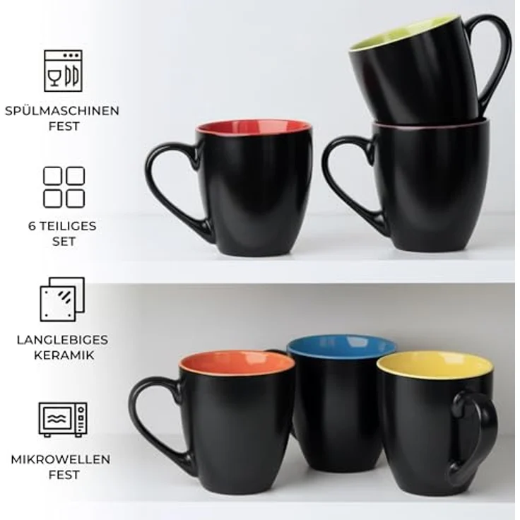 MiaMio Tasse MIAMIO - 6 x 350 ml Kaffeetassen Set Außen Schwarz Innen Farbig – Bild 7