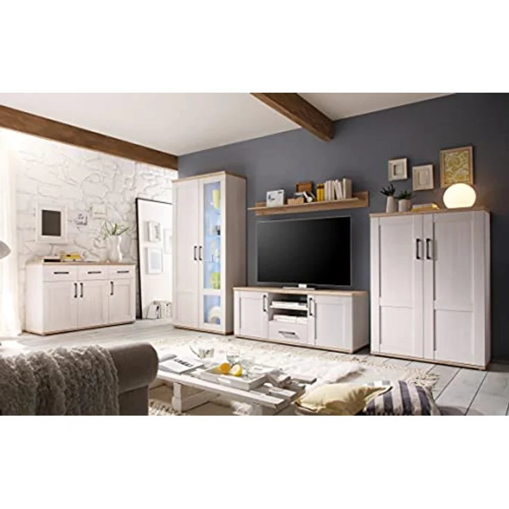 moebel-dich-auf Wohnwand ELEGANCE, (in Sibiu-Lärche Nb. Absetzung: San Remo hell, Vitrine + Wandboard + Lowboard + Stauraumelement), im Landhausstil inkl. LED-Beleuchtung – Bild 2