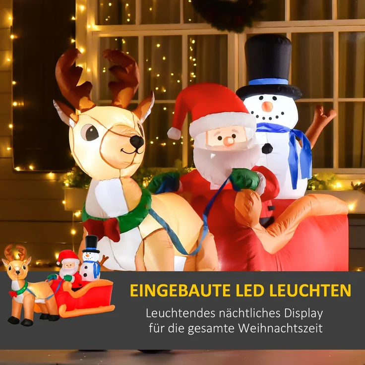 HOMCOM Aufblasbarer Weihnachtsmann auf Schlitten, Polyester, Rot+Gelb, 200L x 80B x 128H cm – Bild 4