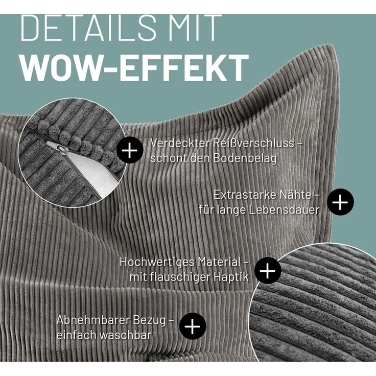 Lumaland Sitzsack Classic XXL Cord | Riesen Sitzsack XXL mit Softer Rippenstruktur – ideal zu Cord Sofa & Sessel Indoor Bean Bag für Wohnzimmer, Schlafzimmer & Co. - 380 L, 140x180 cm – Bild 4