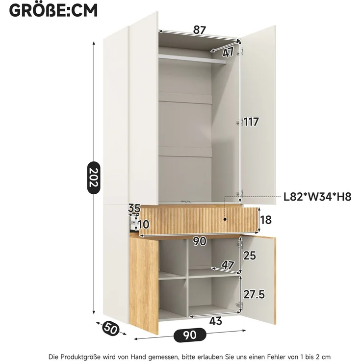 Kleiderschrank mit Kleiderstange & Schublade, 90x50x200 cm, Helle Eiche/Grau – Bild 6
