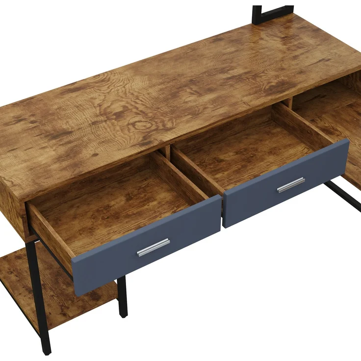 L-förmiger Schreibtisch mit Stauraum & Gitterrückwand, 140x140x135 cm, Schwarz/Naturholz – Bild 9