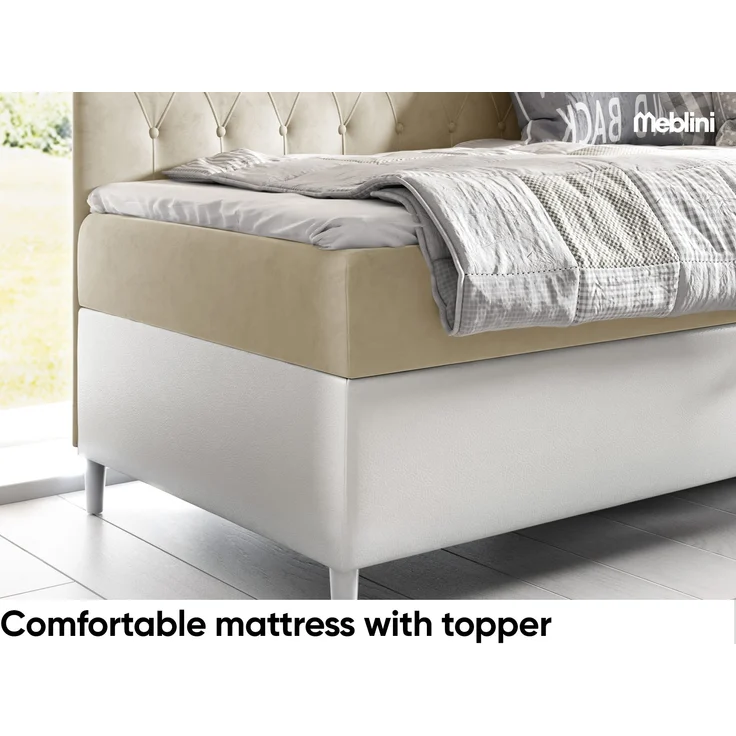 MEBLINI Kinderbett mit Bettkasten FILIPPO 3 80x200 Rechts - H3/Beige Samt Gepolstert Einzelbett mit Matratze - Polsterbett mit Stauraum - Bett mit Kopfteil – Stauraumbett – Bild 4