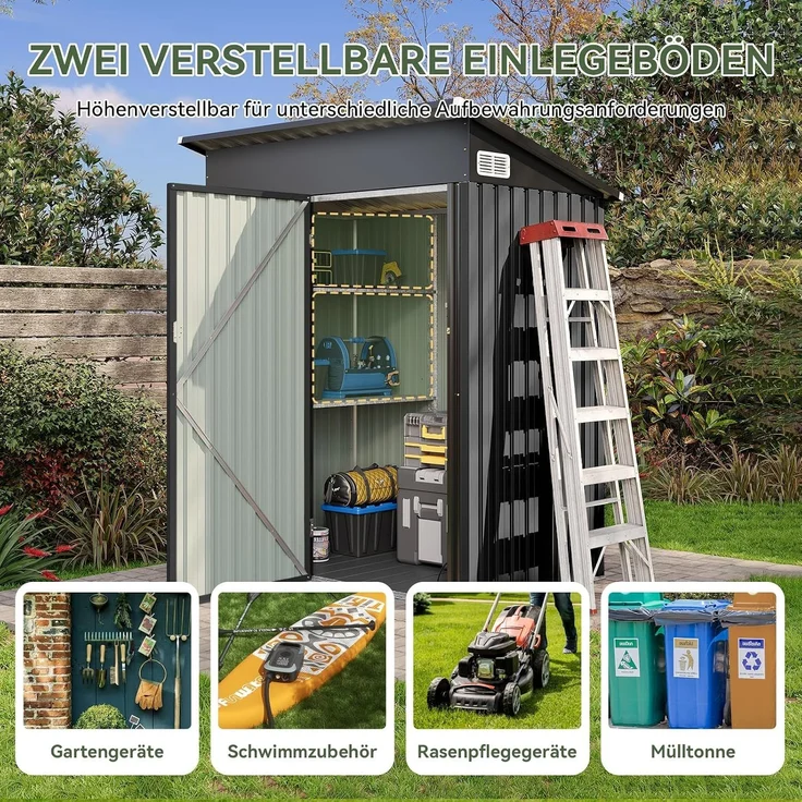 Aoxun Metall Gerätehaus mit Boden & 2 verstellbaren Einlegeböden, 150x91 x 185 cm, Outdoor-Schuppen, mit Lüftungsschlitz und Schiebetür, Werkzeugaufbewahrung, Fahrradschuppen, für Terrasse, Rasen, Schwarz – Bild 7