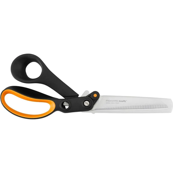 Fiskars Gezahnte Hardware-Schere, Für Rechtshänder, Mit kraftverstärkender Technologie, Länge: 24 cm, Rostfreie Stahl-Klinge/Kunststoff-Griffe, Schwarz/Orange, Amplify, 1020223