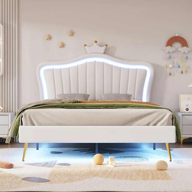 Kinderbett Muschelform mit Krone, LED Beleuchtung, Kunstleder Polsterbett 140x200 cm, stabiler Rahmen, leicht zu reinigen – Bild 5