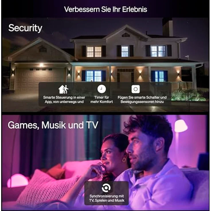 Philips Hue Essential Smart LED A60 Lampe, Weiß und Farbig, E27 Fassung, 8W, 2200K-6500K, 806 Lumen, dimmbar, funktioniert mit Alexa, Google Assistant, und Apple Home, 4er Pack – Bild 8