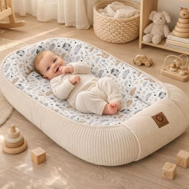Babynestchen Neugeborene – Nestchen Baby aus Waffel Baumwolle & Baumwollstoff – Babynest für Babybett & Kinderbett – Baby Kokon Tragbar – OEKO-TEX – Zubehör für Babybett - Eulen und Hellbeige – Bild 2