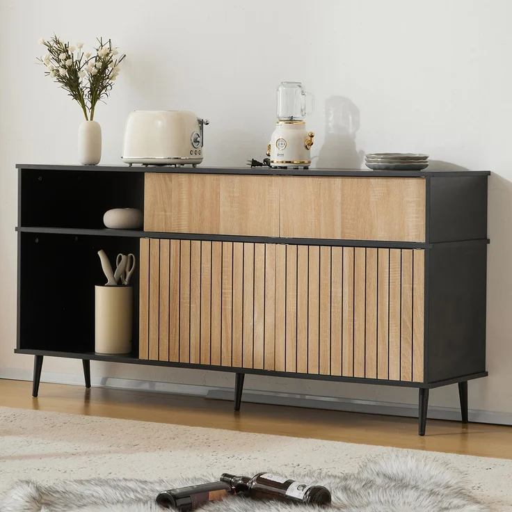 Schrank Eiche Natur und Schwarz, Sideboard mit Schiebetüren,verstellbare Regale,Sicherheits-Kippsicherung – Bild 3