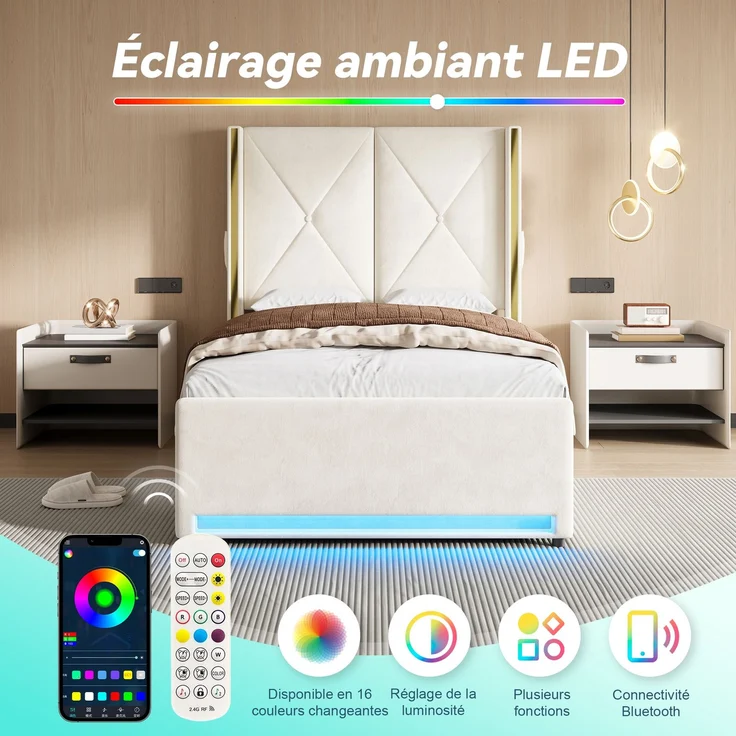 TavilaEcon Boxspringbett Veloursbett mit hohem Kopfteil, Seitentaschen & USB beige Liegefläche 90 × 200 cm – Bild 8
