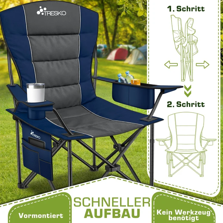 TRESKO® Campingstuhl Faltbar bis 200kg | Faltstuhl mit Kühltasche, Getränkehalter & Seitentasche | Klappstuhl XXL inkl. Tragetasche | Angelstuhl gepolstert für Outdoor, Angeln, Festival & Garten – Bild 3