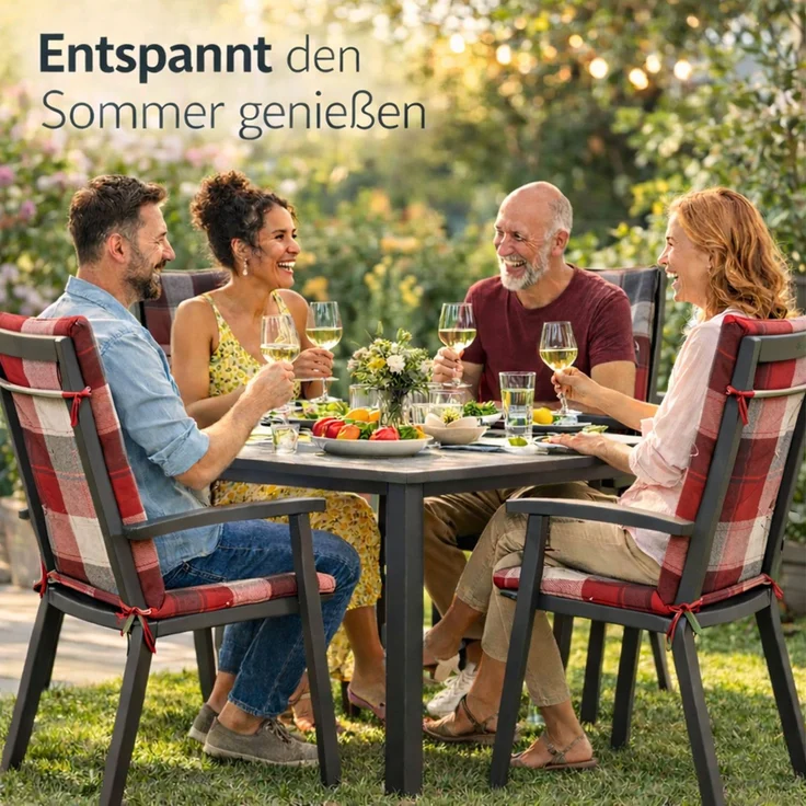 BURI 4x Hochlehner Auflage 120x50x5,5 cm - wetterfeste Gartenstuhlauflage mit Schaumkern & Vollvlies, Halteband & Bindebänder, bequemes Stuhlpolster für Balkon, Terrasse & Garten (Rot/Grau Kariert) – Bild 8
