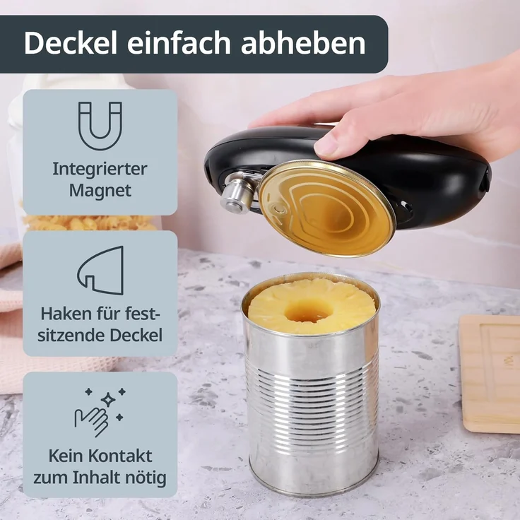 ADE Elektrischer Dosenöffner, praktischer Deckelöffner mit Magnet und Haken, perfekt für Senioren, einhändige Bedienung, ohne scharfe Kanten – Bild 4