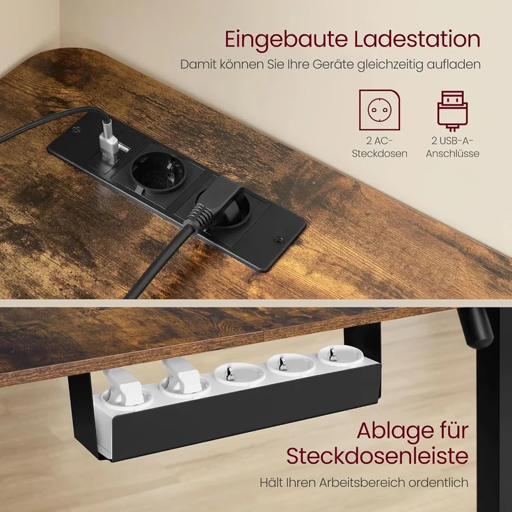 VASAGLE Höhenverstellbarer Schreibtisch elektrisch, L-förmiger Eckschreibtisch, mit Ladestation, Memory-Funktion mit 2 Höhen, Holz vintagebraun-tintenschwarz, 140x160 cm – Bild 6