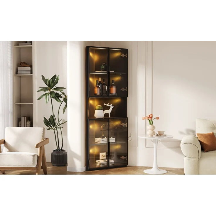 ZUBALIYA Dreieckige Vitrine 62x32x160cm – Schwarzer Eckschrank mit Glasfront, LED-Beleuchtung, Offener Mittelbereich – Display-Schrank für Sammlerstücke, Gläser & Dekoration – Bild 15
