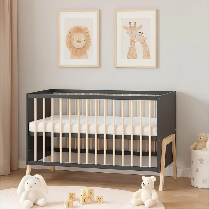 Baby-Delux Babybett Juna Anthrazit Kiefer, Kinderbett 60x120 weiß Kiefer Schutzgitter Matratze – Bild 2