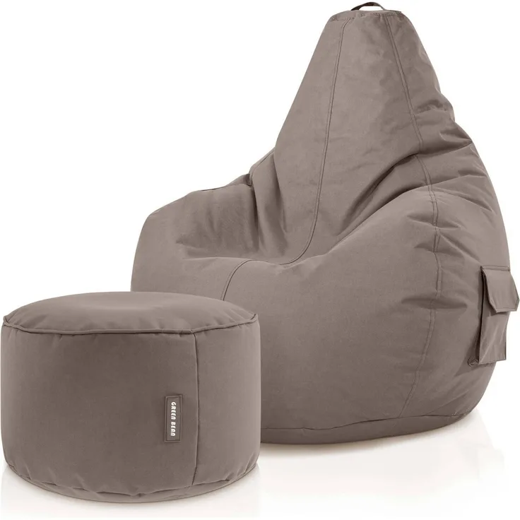 Green Bean® Sitzsack + Hocker, 2er Set, robust, waschbar, schmutzabweisend, Khaki, 90 x 80 x 70 cm