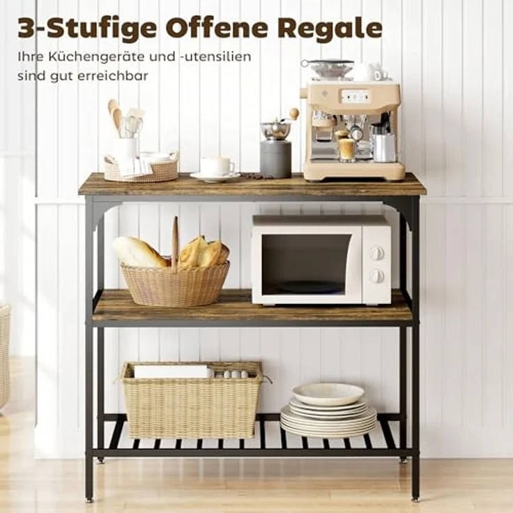 HOMCOM Küchenregal Industrielles Bäckerregal mit großer Arbeitsplatte, Stahlrahmen, 3-stufiges Standregal 1-tlg, für Esszimmer, Küche, Wohnzimmer, 100 x 50 x 90 cm, Rustikal-Braun – Bild 5