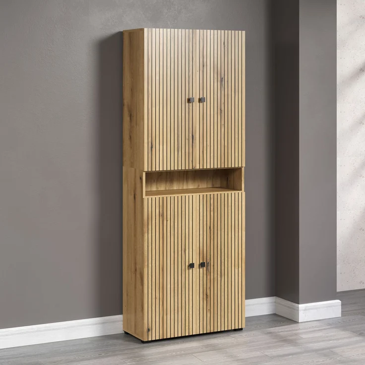 trendteam smart living - PureBliss - Waschbeckenunterschrank - Eiche - Waschtisch mit 3 offenen Fächern - (BxHxT) 90 x 91 x 53 cm - Rillenoptik - edle Metallgriffe - 60 cm Aufsatzwaschbecken – Bild 3