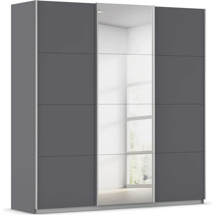Rauch Möbel Kulmbach, Kleiderschrank mit Schwebetüren für Schlafzimmer, Kinderzimmer, Jugendzimmer, Garderobe, Flur, 3-türig, mit Spiegel, Zubehör Classic, Farbe Grau metallic, Schwarz, Breite 203 cm