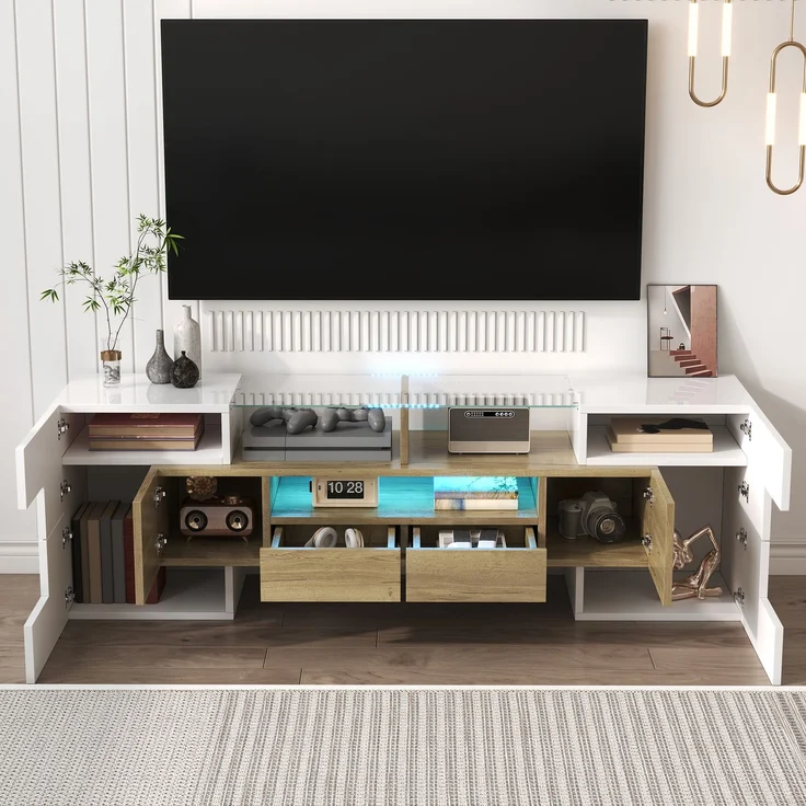 TV-Schrank 145 cm Hochglanzweiß und Holz mit LED-Beleuchtung, 6 Türen, 2 Schubladen, 3 offene Fächer – Bild 8