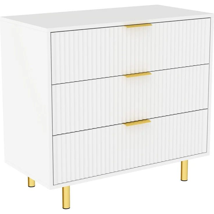 Flieks Kommode 3 Schubladen, Sideboard weiß gold, geriffelte Front modern, H72×B80×T40 cm, Aufbewahrungsschrank, MDF – Bild 10