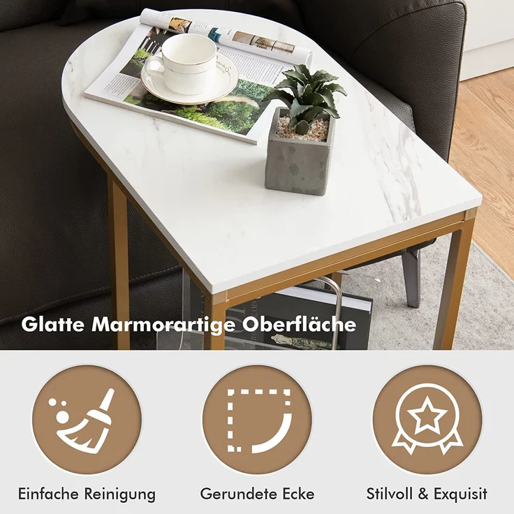 COSTWAY 2 Ebenen Couchtisch Holz mit Marmoroptik, Beistelltisch mit Metallbeinen, Kaffeetische modern, kompakt, für Wohnzimmer und Schlafzimmer, 60 x 40 x 60 cm – Bild 5