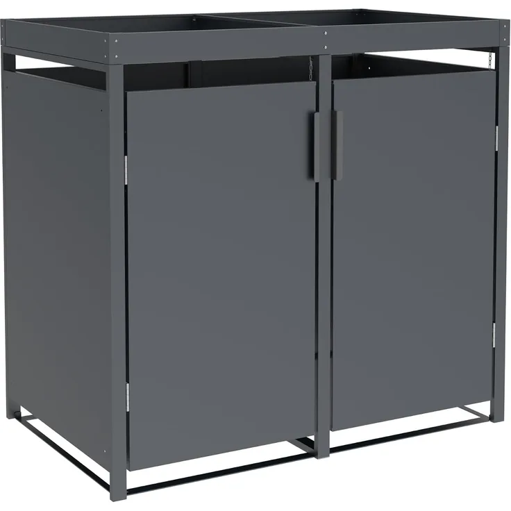 DEGAMO ULM Mülltonnenbox mit Pflanzwanne 2-er, Stahl verzinkt, anthrazit, 132x80x124cm für 2x Tonnen bis 240 Liter