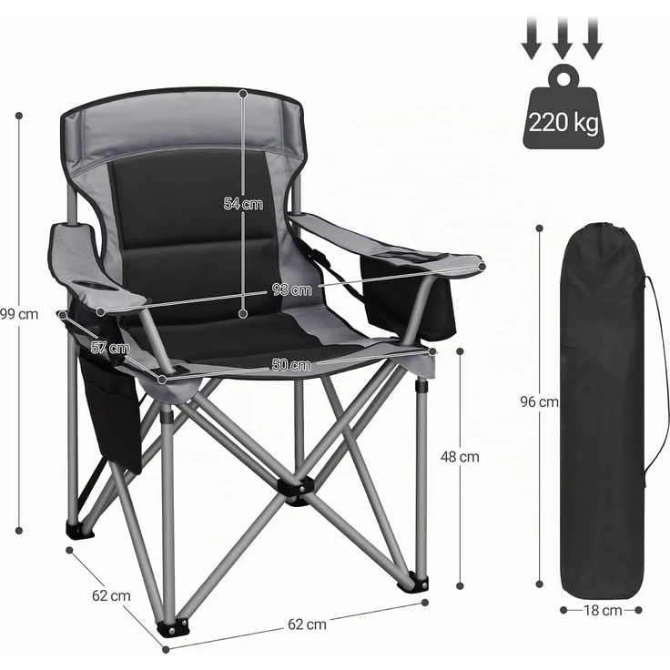 Campingstuhl, 220 KG Campingstuhl Faltbar mit Kühltasche, Getränkehalter, Tragetasch, Hochlehner Bequem Gepolste, Anglersessel Klappstuhl Garten Balkon Strand, Schwarz und Grau – Bild 3