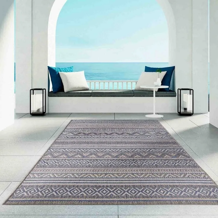 TaraCarpet Teppich Regina Teppich aus robustem Flachgewebe für In und Outdoor, rund, Höhe: 7 mm, Küche Wohnzimmer Terrasse Garten Balkon Boho blau 160x160