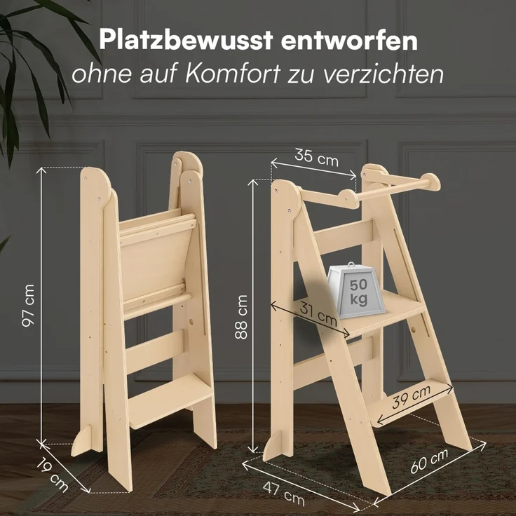 Bellabino 'Tay' Lernturm für Kinder ab 1 Jahr, Tritt 2-fach höhenverstellbar, natur, Birke Sperrholz, klappbar, Tritthocker bis 50 kg belastbar – Bild 9