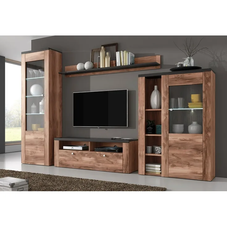 Home affaire Wohnwand Larona, Anbauwand, Set 4 Teilig, (Set, 4-St), bestehend aus 1 TV-Board, 1 Highboard, 1 Vitrine, 1 Wandregal
