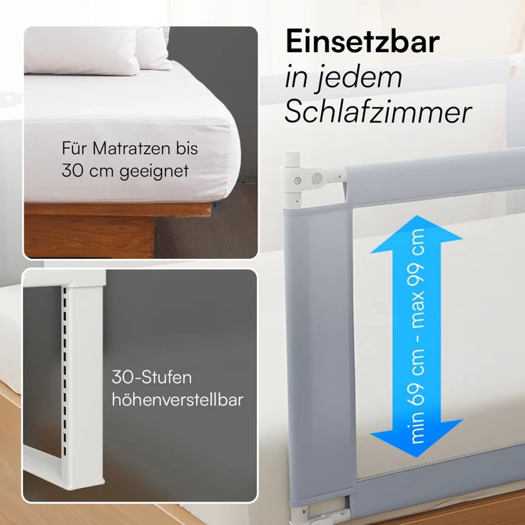 Bellabino 'Drina' Bettschutzgitter mit 2 Sicherheitsgurten, Rausfallschutz klappbar & höhenverstellbar, aus Oxford-Stoff & Metall, 200 cm, hellgrau – Bild 5