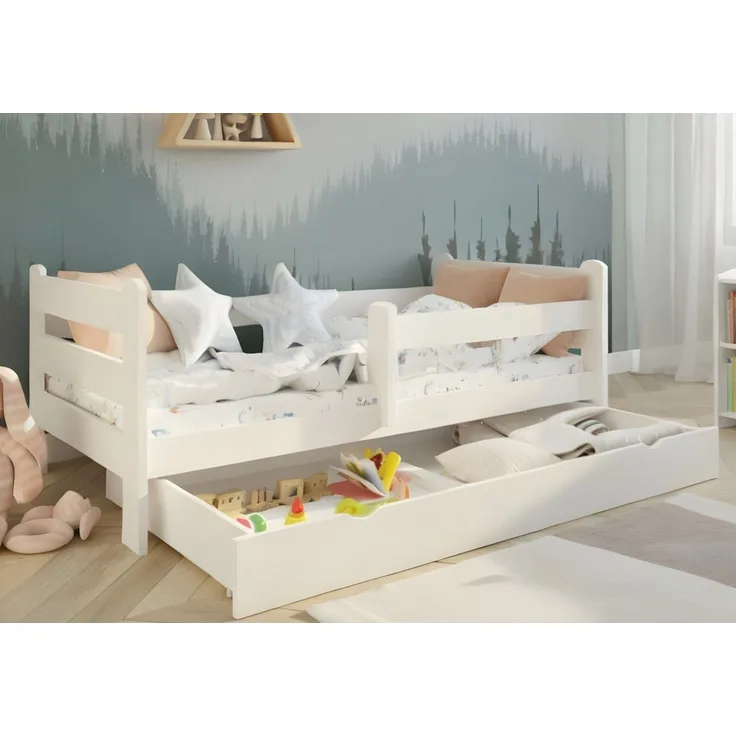 Kids Collective Kinderbett Kinder Jugendbett 80x160 und 90x200 cm Mit Schublade & Rausfallschutz, 90×200 cm, stabiles Kiefernholz, Weiß