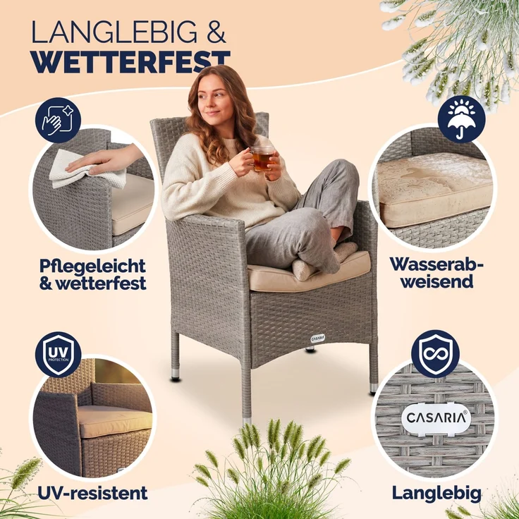 CASARIA® Polyrattan Gartenstühle 4er Set Creme – Bild 3