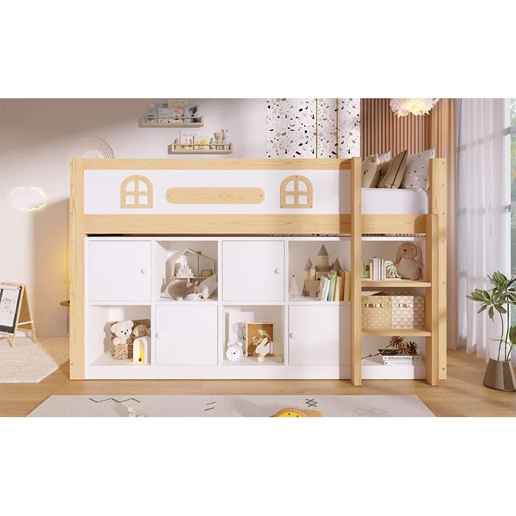 ZUBALIYA Halbhohes Bett, mit Ablagefächern und Leiter und Kreidetafel, Maße 90 x 200 cm, Weiß und Natur, Stockbett, fürs Schlafzimmer, Samt – Bild 22