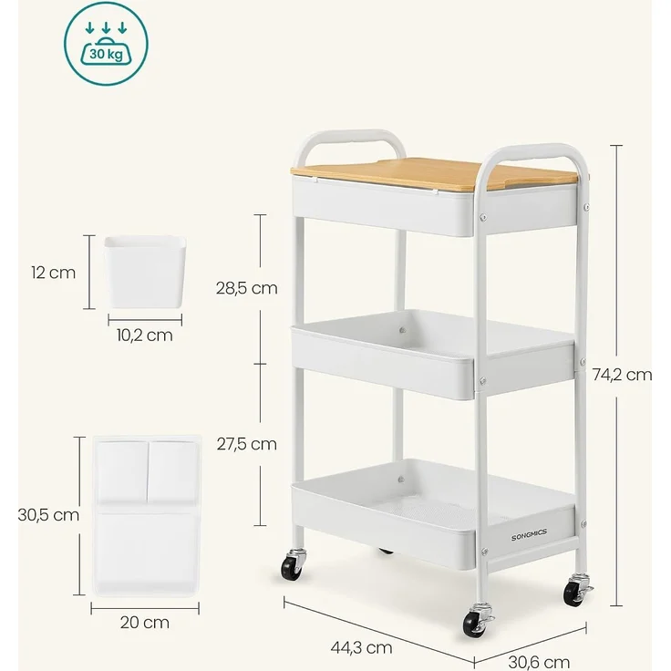 Songmics Rollwagen, Küchenwagen, 3 Metallgitterablagen, Servierwagen, 2 abnehmbare Hängebehälter, 2 Organizer, für Büro, Küche Wohnzimmer, Badezimmer, – Bild 5