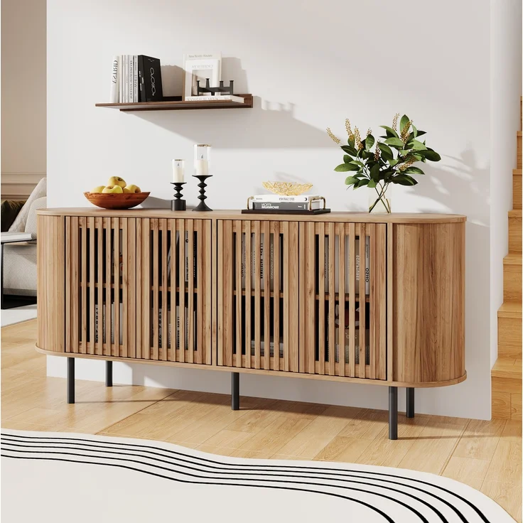 DESVIAE Sideboard Naturholzfarbe aus MDF – 160x70x40 cm – 4 perforierte Schiebetüren – Bild 3