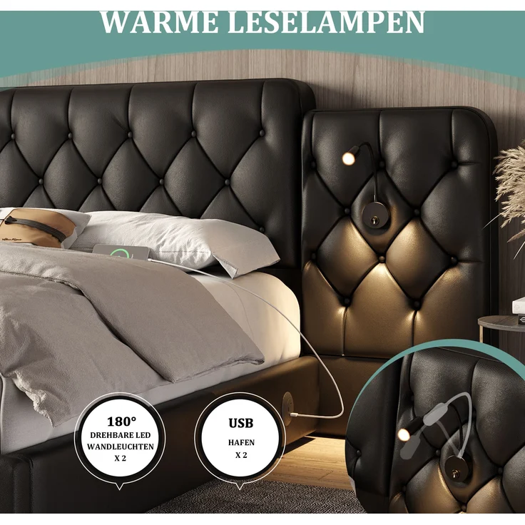 LVHOM Boxbett 160x200cm Bettgestell, PU-Leder, Verlängertes und Vergrößertes Kopfteil, Nachttischlampe, USB-Ladeanschlüssen, hydraulischem Stauraum-System, Polsterbett Doppelbett – Bild 6